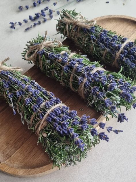 Organic Lavender and Rosemary Smudge Sticks from the Mediterranean Coast, featuring premium French lavender flowers.  Handcrafted with care, these smudge sticks are a perfect blend of the aromatic tranquility of lavender and the purifying energies of rosemary.  Sourced directly from the sun-drenched shores of the Mediterranean, our smudge sticks are made with 100% organic and natural ingredients, ensuring a pure and potent experience. Each stick is carefully bound with natural twine, combining t Lavender Smudge Sticks, Lavender Oil Uses, Cottage Core Crafts, Rosemary Smudge, Lavender Witch, Medicinal Herbs Remedies, Lavender And Rosemary, Lavender Crafts, Lavender Decor