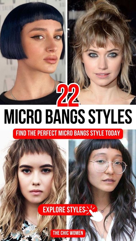 Get the Bold Look: 22 Hottest Micro Bangs Styles to Try Today Styling Micro Bangs, Medium Hair With Short Bangs, Long Hair Short Bangs Hairstyle, Long Shag With Micro Bangs, Platinum Bob With Bangs, Bob Micro Bangs, Micro Bangs Aesthetic, Curly Hair Micro Bangs, Micro Bangs Long Hair