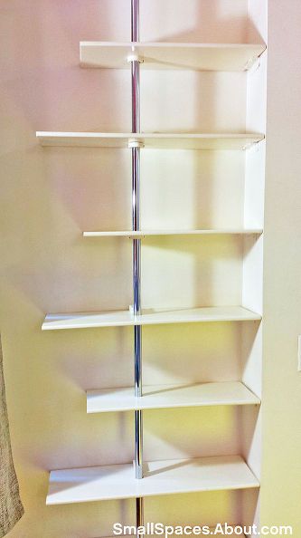 use closet rods to create a custom fit shelving unit, closet, shelving ideas, storage ideas #diy #smallspacedecor Tension Shelves, Tension Rod Shelves, Pole Shelving, Ceiling Shelves, Metal Storage Racks, Closet Rods, Shelves Kitchen, Shelving Ideas, Laundry Room Shelves