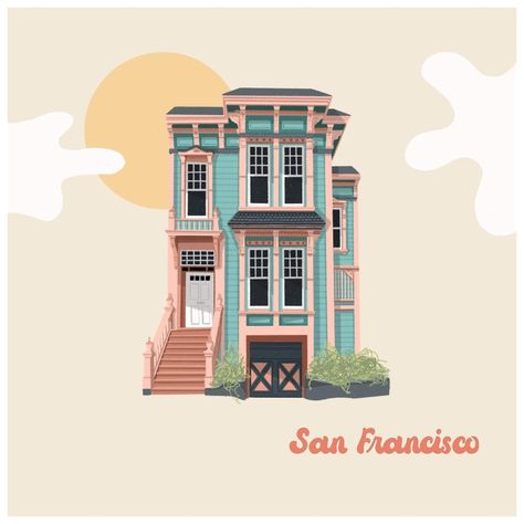 San Francisco House Illustration, Procreate Building, Procreate Projects, Vector Building, San Francisco Houses, Building Drawing, Building Illustration, Drop Cap, Cap Ideas