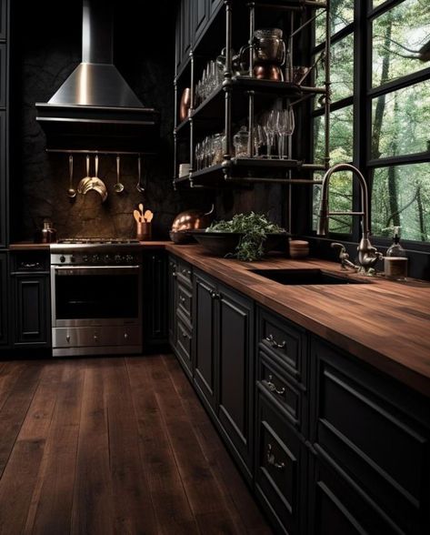 Dark Style Kitchen, Dark Kitchen Design Ideas, Fancy Kitchen Aesthetic, Dark Themed Kitchen Ideas, Pirate Ship Kitchen, Dark Witchy Kitchen Aesthetic, Home Decor Dark Aesthetic, Modern Gothic Farmhouse Kitchen, Black Galley Kitchen Ideas