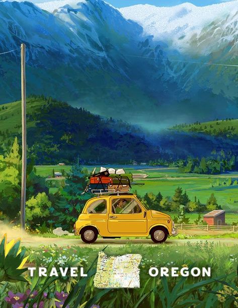 Travel Oregon poster Exaggerated Art, Visit Oregon, Travel Oregon, Tanzania Travel, Studio Ghibli Art, Oregon Travel, Ghibli Art, Arte Sketchbook, Anime Scenery Wallpaper