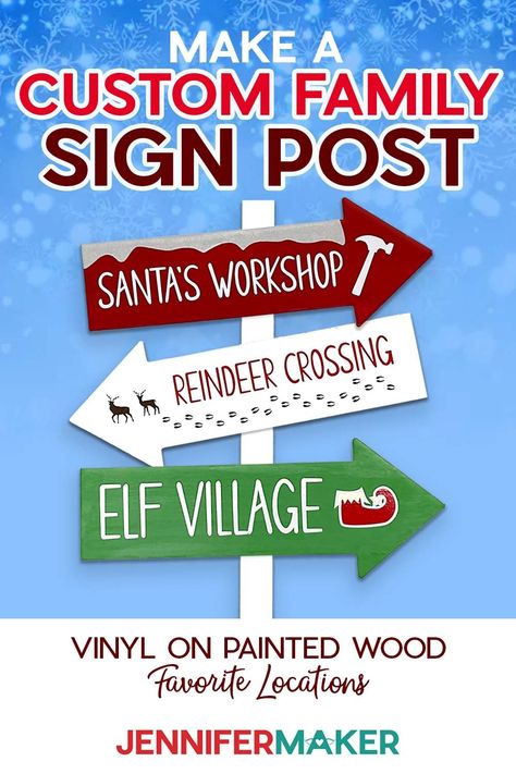 Make a custom family sign post with JenniferMaker's tutorial! A signpost with three arrows reading "Santa's Workshop," "Reindeer Crossing," and "Elf Village" stand against a snowy background. Diy Craft Paint Storage, Christmas Arrow, Jennifer Maker Cricut, Village Stand, Santa's Workshop Sign, Leather Cricut, Elf Village, Santa Village, Diy Gift Bag