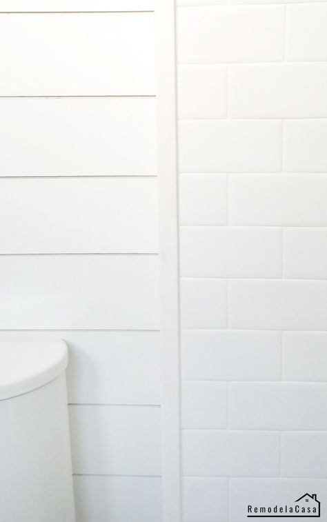 Bathroom Renovation: How to Install Real Shiplap - Remodelando la Casa Tile Transition, Bathroom Downstairs, Top Bathroom Design, Installing Shiplap, Shiplap Ceiling, Small Bathroom Renovation, Slanted Ceiling, Bathroom Images, Ceiling Installation