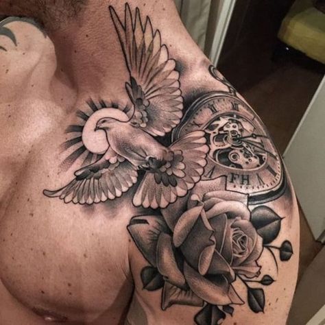 Upper Shoulder Tattoo, Cross Shoulder Tattoos, Clock And Rose Tattoo, Front Shoulder Tattoos, Cool Shoulder Tattoos, Date Tattoos, Men Tattoos Arm Sleeve, Mens Shoulder Tattoo, Cool Chest Tattoos