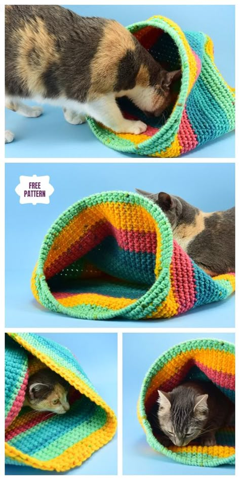 Crochet Cat Sack Hideaway Free Crochet Pattern Crochet Kitten Toys Free Pattern, Crochet Cat Tunnel, Cat Crochet Bed, Crochet For Kittens, Cat Crochet Toys, Crochet Cat House Free Pattern, Crocheted Cat Toys, Crochet Kitten Pattern Free, Crochet Cat Stuff