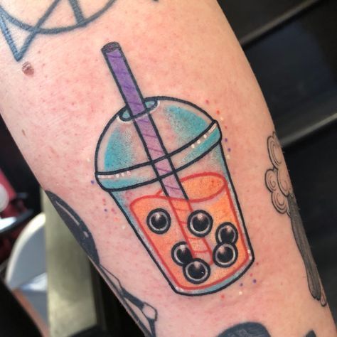 Boba Tea Tattoo, Boba Tattoo, Tea Tattoo, Bubble Tea Flavors, Rainbow Bubbles, Kawaii Tattoo, Large Tattoos, Matching Tattoo, Tattoo Flash Art