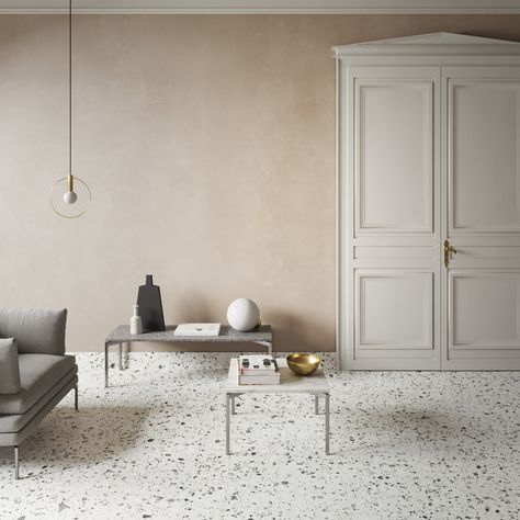 A STUNNING HISTORIC REVIVAL. Venetian terrazzo has earned a worldwide reputation for its extraordinary beauty. The Venice Villa collection is a contemporary take on Italy's noble terrazzo tradition, combining the unique design of terrazzo with the excellent properties of porcelain tile. This collection is offered in 13 colors, four sizes and three finishes--untreated, polished and textured. This dynamic collection guarantees an eclectic, versatile design for both commercial and residential use. Terrazzo Flooring Living Room, Venetian Terrazzo, Terrazzo Interior, Flooring Options Durable, Terrazzo Tile, Terrazzo Tiles, Patterned Floor Tiles, Terrazzo Flooring, Tile Inspiration