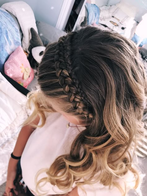 One Braid On Top Of Head, Two Dutch Braids With Curls, Plait Crown Half Up, Braid Head Band Hairstyles, Head Band Braid With Curls, Dutch Braid Crown Half Up, Braided Head Band Hairstyles, Braided Down Hairstyles Simple, Dutch Braided Half Up Half Down Hair