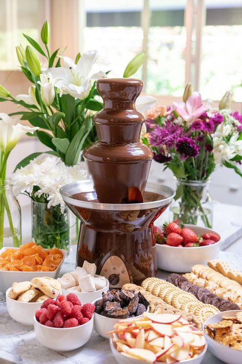 Wedding Chocolate Fountain Display, Chocolate Fondue Station, Chocolate Fountain Bar Display, Chocolate Fountain Bar Ideas, Chocolate Fountain Display, Chocolate Fountain Ideas, Fondue Bar, Wedding Buffet Table Decor, Chocolate Fountain Wedding