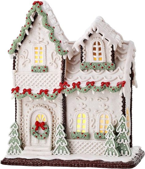 Amazon.com: One Holiday Way 13-Inch LED Light Up White Faux Gingerbread Cake House Tabletop Decoration w/Timer, Christmas Garlands, Trees, Wreath – Lighted Decorative Winter Party Home Decor : Home & Kitchen White Gingerbread House, White Gingerbread, Faux Gingerbread, Winter Centerpieces, Cake House, Gingerbread House Decorations, Gingerbread Decorations, Candy House, Real Christmas