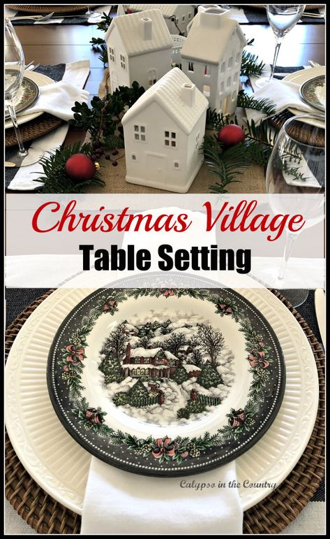 Christmas Table with White Ceramic Village.  Ceramic houses for the centerpiece.  #christmasvillage #ceramichouses #christmastable #christmascenterpieces #tablesetttings #christmasdecor After Christmas Decorating Ideas, Christmas Bazaar Ideas, Ceramic Village, Black And White Table, Pretty Table Settings, Christmas Table Setting, Houses Christmas, Table Setting Inspiration, Christmas Village Display