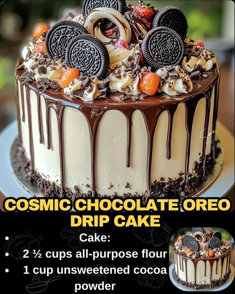 Cosmic Chocolate Oreo Drip Cake Oreo Drip Cake, Strawberry Shortcake Cheesecake, Mexican Casserole Recipe, Chocolate Oreo, Chicken Pasta Bake, Unsweetened Cocoa Powder, Bbq Bacon, Cakes Frosting, Crushed Oreos