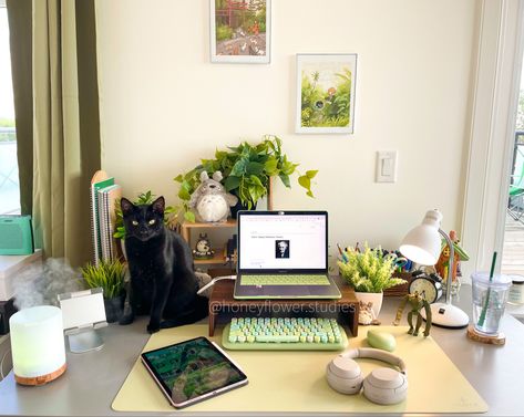 A desk with a laptop, black cat, beige headphones, and plants all around. Lots of Totoro and studio ghibli references. Desk Reorganization, Green Pc Setup, Studio Ghibli Desk, Office Desk Layout, Ghibli Desk, Studio Ghibli Bedroom, Ghibli Room, Notion Images, Studio Ghibli Inspired