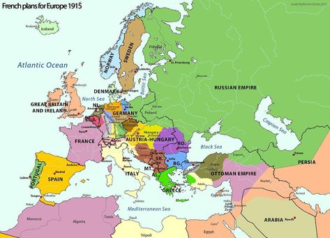 The French Plans For Europe In 1915 Ideas of post-WW I-Europe by French extremists. Original map is L'Europe future de demain Europe 1914, Wwii Maps, Sweden Map, Central Powers, Germany Poland, World History Lessons, European Map, Europe Map, Alternate History