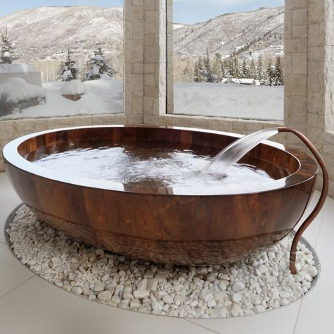 Reclaimed Teak Bathtub - Techtona Reclaimed Teak Hardwood Wooden Tubs Bathtubs, Massive Bathtub, Unique Bathtub Ideas, Unique Tubs, Unusual Bathtubs, Oversized Bathtub, Beautiful Bathtubs Luxury, Nature Inspired Bathroom Design, Floating Bathtub