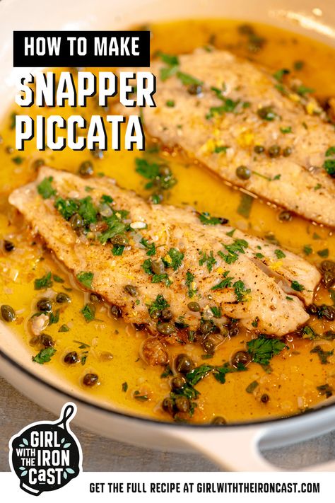 In just under 20 minutes, you can create a culinary masterpiece with this Snapper Piccata recipe! Delight in tender, flaky white fish, expertly seared in a skillet and adorned with a zesty lemon butter caper sauce. Snapper's luxurious, buttery flavor profile perfectly complements the tangy goodness of the piccata sauce, resulting in a dish that's as elegant as it is delicious. Fish Piccata, Cast Iron Recipes Dinner, Butter Caper Sauce, Lemon Butter Caper Sauce, Easy Fish Dinners, Piccata Sauce, Taco Side Dishes, Snapper Recipes, Snapper Fish Recipes