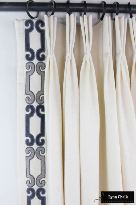 drapes with trim - Google Search French Window Treatments, Grey Window Treatments, Bedroom Curtains With Blinds, Cream Drapes, Custom Drapery Panels, Monogram Applique, Drapery Ideas, French Window, Drapes And Curtains