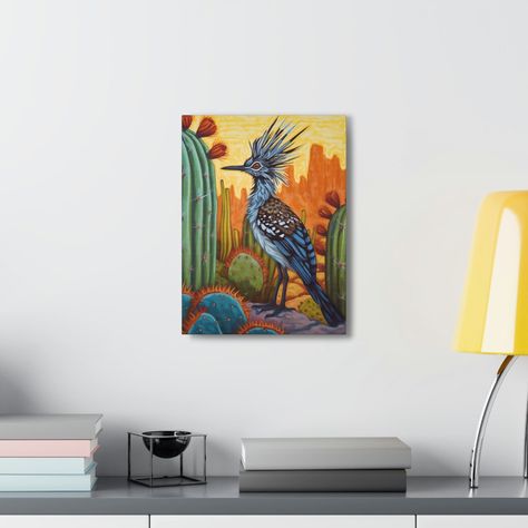 Roadrunner Painting, Western Paintings Canvases, Western Painting Canvas, Southwest Wall Decor, Southwestern Paintings, Cactus Artwork, Cactus Canvas, Boho Cactus, Southwestern Wall Art