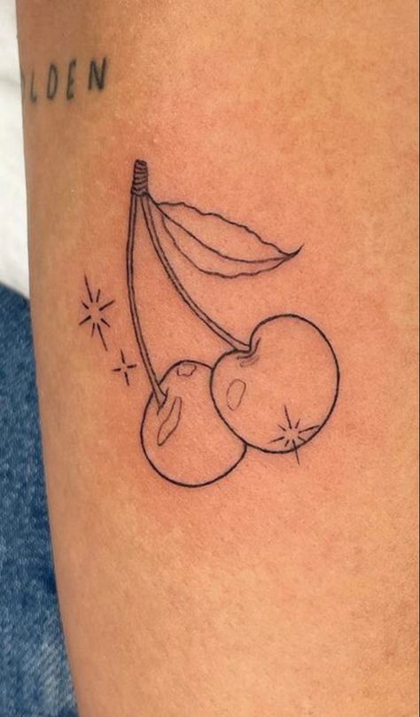 Kawaii Tattoo Outline, Cherry Tattoo Aesthetic, Cherry Tattoo Placement Ideas, Cherry Harry Styles Tattoo, Cherry Hearts Tattoo, Harry Styles Cherry Tattoo, Cherry Stamp Tattoo, Mini Cherry Tattoo, Cherry Tattoo Small Simple