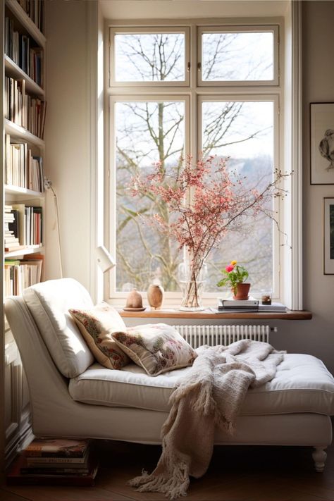 Daybed Reading Nook Cozy Corner, Living Room Window Nook, Cosy Window Seat, Cozy Nook Living Room, Cozy Reading Corner Ideas, Reading Corner Window, Reading Window Seat, Cozy Corner Reading Nook, Hygge Reading Nook