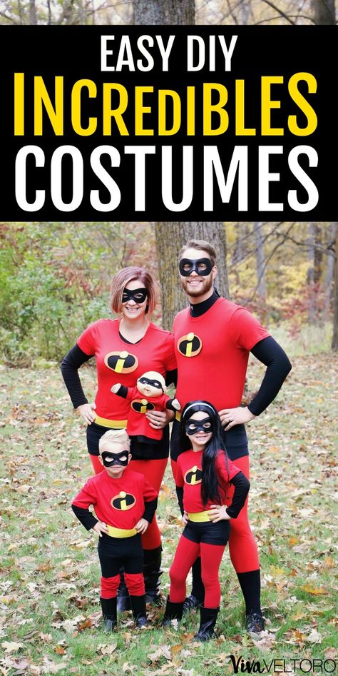 These easy DIY Incredibles costumes are the perfect family fun for Halloween! Check out how we made them. #DisneyPixar #Disney #Incredibles #Incredibles2 #MrIncredible #Elastigirl #Violet #Dash #BabyJackJack Diy Incredibles Costume, Incredibles Costume Family, Incredibles Costume Diy, The Incredibles Halloween Costume, Matching Family Halloween Costumes, Family Costumes Diy, Incredibles Costume, Mrs Incredible, Family Halloween Costume