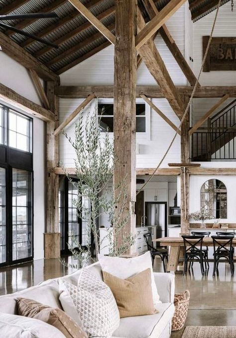 Barndominium Interior Open Floor, Modern Barndominium Interior, Minimalist Fireplace, Barndominium Interior, Modern Barndominium, Barn House Design, Barn Style House Plans, Barn Renovation, Barn Style House