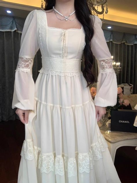 Old Time Dresses, White Medieval Dress, White Hippie Dress, Coquette Long Sleeve, Floral Print Chiffon Maxi Dress, Prairie Dresses, Homemade Dress, Cute Formal Dresses, Fair Outfits