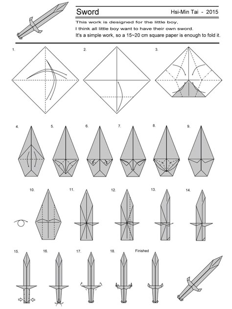 Ruby Book Origami: Diagram Sword-Hsi Min Tai Step By Step Origami, Creative Origami, Origami Diagrams, Cute Origami, Origami Patterns, Folding Origami, Instruções Origami, Origami Paper Art, Book Origami