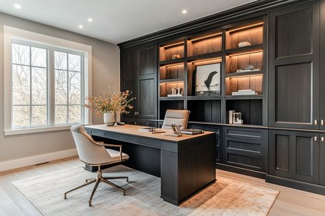 Who says your home office can’t feel like a luxurious escape? 🌿 The blend of modern and rustic elements in this design adds sophistication without losing any comfort. The dark built-in cabinetry paired with natural wood tones strikes the perfect balance between style and function, making it a workspace you’ll actually want to spend time in. 🖋⁣ ⁣ Pro tip: Focus on pieces that reflect your personal style and don’t shy away from mixing textures—wood, metal, and soft fabrics can all come together... Two Tone Office Cabinets, Office Built Ins Bookshelves, Office Cabinets Ideas, Transitional Home Office, Home Office Built Ins, Office Built Ins, Office Remodel, House Makeover, Wood Tones