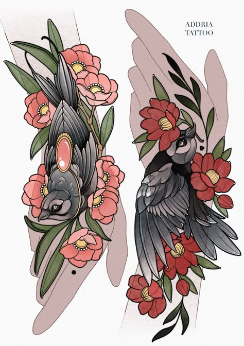 Neo Traditional Bird And Flower Tattoo, Neotraditional Bird Tattoo Design, Neo Trad Bird Tattoo, Neotrad Bird Tattoo, Neo Traditional Hummingbird, Neotraditional Tattoo Flash Sheet, Neotraditional Bird Tattoo, Small Neotraditional Tattoo, Neo Traditional Bird Tattoo