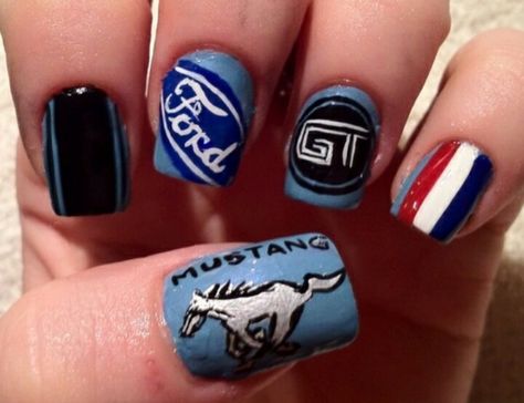 Ford Mustang Nail Art!! Mustang Nails, Racing Nails, Country Acrylic Nails, Trend Nails, Emerald Nails, Country Nails, Rose Nails, Glitter Design, Girls Nails