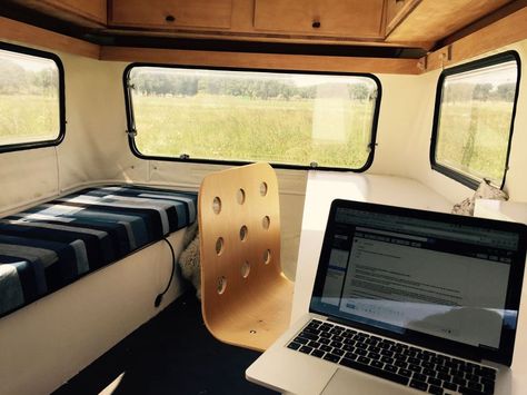 I Converted A Vintage Caravan Into A Mobile Office Space | Bored Panda Converted Caravan, Camper Office, Caravan Office, Van Office, Old Interior, Caravan Home, Space Vintage, Caravan Renovation, Campervan Life