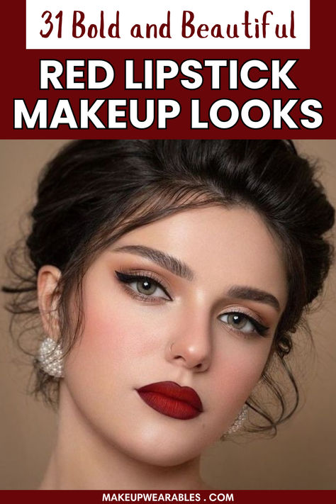 Red Lipstick Makeup Looks Make Up For Red Lipstick, Eyeshadow For Red Lipstick, Red Lip For Fair Skin, Bridesmaid Makeup Red Lips, Lipstick For Red Dress, Wedding Guest Makeup Red Lips, Best Makeup For Red Dress, Winter Wedding Makeup Looks, Eye Makeup For Red Lipstick