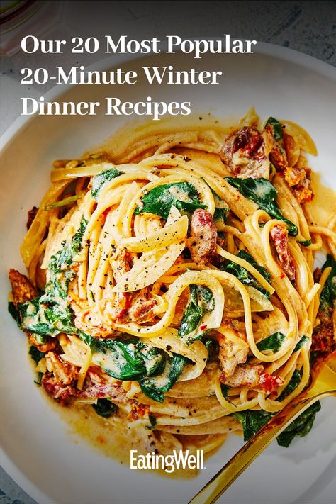 These flavorful, easy and quick 20-minute dinners are some of the most popular on the EatingWell site for being the perfect seasonal dishes to make during winter. Try dishes like our One-Pot Garlicky Shrimp & Broccoli and Minestra Maritata (Italian Wedding Soup), and you’ll find out why these are some of the most-visited recipes on the EatingWell site. Defined Dish Easy Dinner, Quick Easy Healthy Dinner For One, Lite Dinners Recipes, Healthy Dinner Recipes For Winter, Eatingwell Recipes Healthy Dinners, Eat Well 101 Recipes, Winter Dinner Recipes Easy, Delicious Mediterranean Recipes, Clean Easy Dinner Recipes