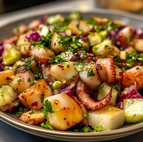 Octopus Salad: A Refreshing 5 ingredients Flavor-Packed Dish Boiled Octopus Recipes, Grilled Octopus Salad, Cooked Octopus Recipe, Octopus Recipes Easy, Octopus Ceviche Recipe, Predinner Snacks, Octopus Appetizer, Baby Octopus Recipe, Pulpo Recipe