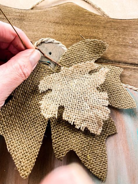 Uses For Burlap Fabric, Fall Burlap Crafts, Dollar Tree Wood Pumpkin, Burlap Leaves, Diy Placemats, Burlap Pumpkins, Wood Pumpkins, Burlap Crafts, Craft Stash