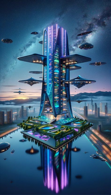 Sci Fi City Futuristic Architecture, Futuristic Architecture Home, Sci Fi House, Building Front Designs, Sci Fi Building, Futuristic House, Sci Fi Architecture, Sci Fi Landscape, Trippy Artwork