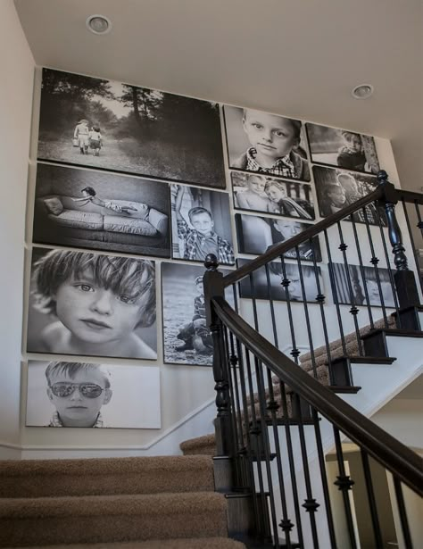 Gallery Wall Ideas Canvas, Canvas Family Pictures Wall, Family Photo Canvas Wall, Stairway Canvas Gallery Wall, Black And White Canvas Picture Wall, Photo Displays Wall, Photo Wall Collage Canvas, Family Collage Wall Ideas Canvas Photos, Canvas Photo Wall Ideas Stairs