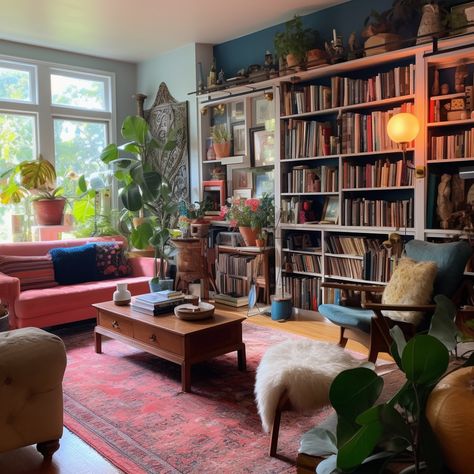 Cluttered Interior Design, Colourful Maximalist Interior, Colorful Library, Library Vibes, Minimalism Room, Lounge Aesthetic, Maximalist Interior Design, Uk House, Lounge Interiors