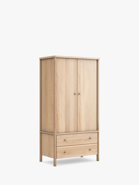 John Lewis & Partners Spindle Double Wardrobe with 2 Drawers, Oak Light Wood Wardrobe, Key West Bedroom, Wood Wardrobe, Double Wardrobe, Build A Closet, Closet Cabinets, Spare Bedroom, Hanging Rail, Door Furniture