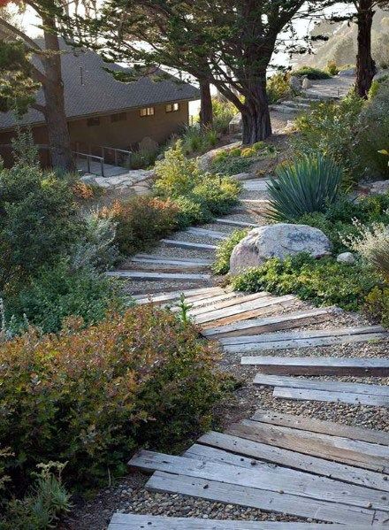 Top 50 Best Slope Landscaping Ideas - Hill Softscape Designs Bernard Trainor, Sloped Backyard Landscaping, Sloped Backyard, Garden Stairs, Sloped Garden, Wooden Steps, Garden Steps, Coastal Gardens, Landscape Edging