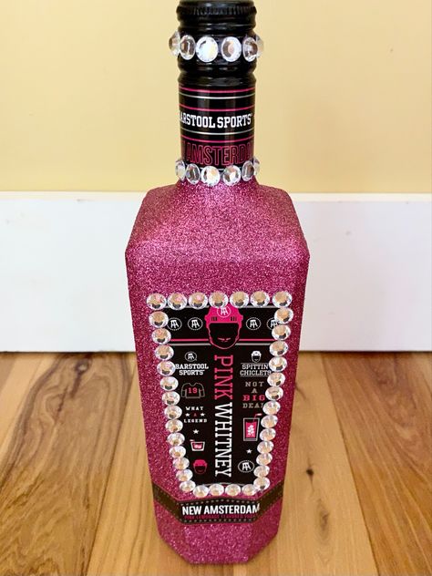 Bedazzled Pink Whitney Bottle, Pink Whitney Bottle Decorated, Blinged Bottles, Pink Whitney, Bedazzled Liquor Bottles, Bedazzled Bottle, Alcohol Bottle Crafts, Decorated Liquor Bottles, Bling Bottles