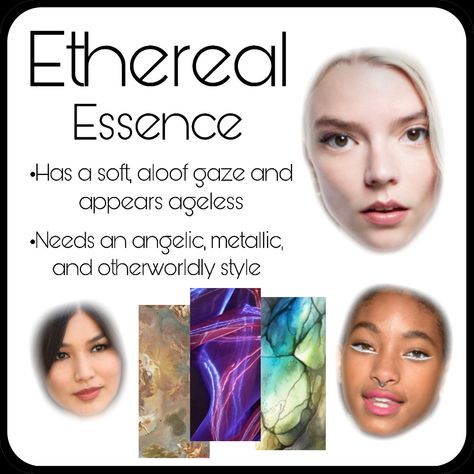 Styling inspiration based on the Kitchener Essence system. Natural Essence Style Kitchener, Face Essence Types, Ethereal Essence Hair, Ethereal Essence Style, Kitchener Essence, Ingenue Natural, Ethereal Dramatic, Angelic Style, Romantic Kibbe