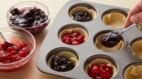 Fourth of July Mini Pie Bites Recipe - Pillsbury.com Mini Pies In Ice Cube Tray, 4th Of July Mini Pies, Pillsbury Mini Pies, Pillsbury Mini Pie Crust Recipes Breakfast, Mini Pie Bites, Pie Cups, Mini Pie Crust, 4th Of July Dessert, Pillsbury Pie Crust