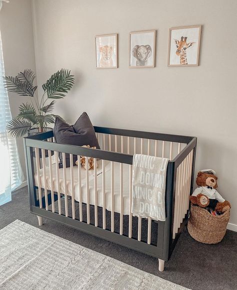 We’re wild about this safari-themed nursery from @chaptersofchilli. Featuring our popular Lolly 3-in-1 Convertible Crib that grows with your baby, in stylish Black and Washed Natural shades for an effortlessly cool look. Black And Wood Dresser Nursery, Black And Natural Nursery, Gender Neutral Nursery Black Crib, Beige Nursery Boy, Nursery With Black Crib, Black Nursery Furniture, Black Crib Nursery, Outdoorsy Nursery, Tan Nursery