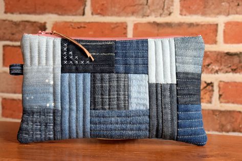 Patchwork Denim Pouch - Just Jude Designs - Quilting, Patchwork & Sewing patterns and classes Denim Pouch, Boro Stitching, Tote Bag Pattern Free, Denim Scraps, Patchwork Sewing, Patchwork Tote Bags, Bags Patterns, Quilting Patchwork, Fabric Trimmings