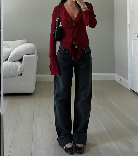 Cherry Red Top Outfit, Wine Red Top Outfit, Red Silk Shirt Outfit, Dark Red Top Outfit, Wine Red Outfit Ideas, Red Top Outfit Ideas, Wine Red Outfit, Clothes Place, Babydoll Top Outfit