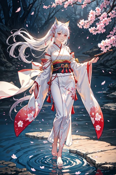 "Unlock the mystery of traditional beauty with this stunning watercolor pin featuring a lady in a red kimono and a fox mask amidst a sakura-filled landscape. Perfect for those captivated by Japanese culture and ethereal elegance." Battle Kimono Female, Anime Kitsune Female, Kitsune Female, Pose Base, Enchanted Characters, Ethereal Elegance, Kitsune Mask, Red Kimono, Anime Kimono