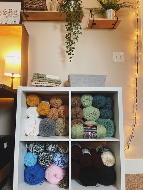 Yarn Organization Ideas, Yarn Storage Ideas Small Spaces, Organization Ideas Small Spaces, Storage Ideas Small Spaces, Yarn Storage Ideas, Yarn Collection, Cozy Dorm Room, Yarn Organization, Yarn Storage